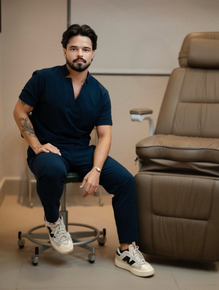 Dr. Pedro Salomé em ambiente clínico, de jaleco navy